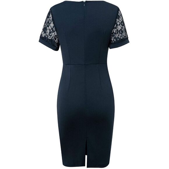 Elegant Lace Patchwork Square Neck Knee Length Pencil Navy Dress SIZE XL NEW - Picture 3 of 7